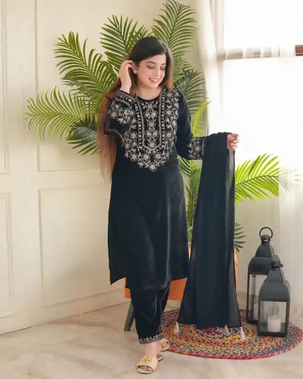 Graceful Black Color Viscos Velvet Embroidery Work Salwar Suit
