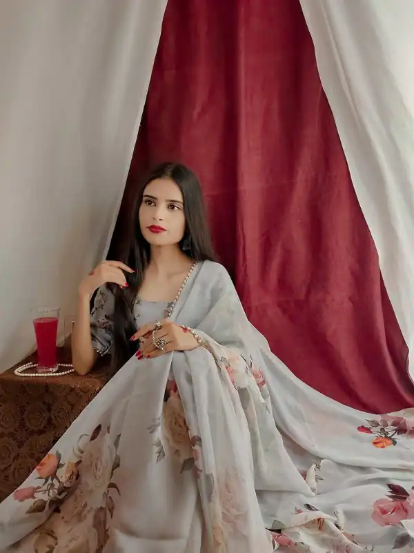 Graceful Grey Color Georgette Printed with pearl lace border Saree
