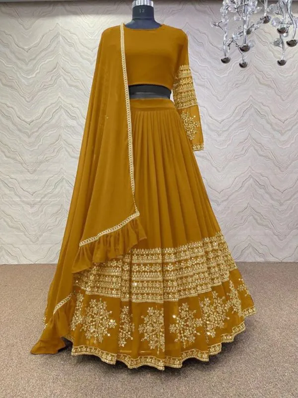 Graceful Mustard Color Georgette Embroidery Sequins Lehenga