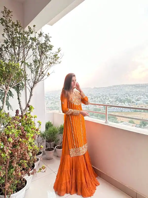Graceful Orange Color Georgette Thread Sequence Salwar Suit