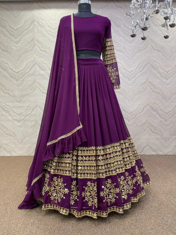 Graceful Purple Color Georgette Embroidery Sequins Lehenga