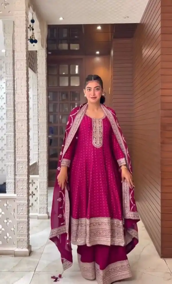 Graceful Rani Pink Color Faux Georgette Coding sequence Salwar Suit