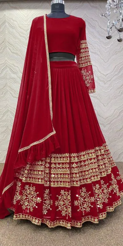 Graceful Red Color Georgette Embroidery Sequins Lehenga Choli