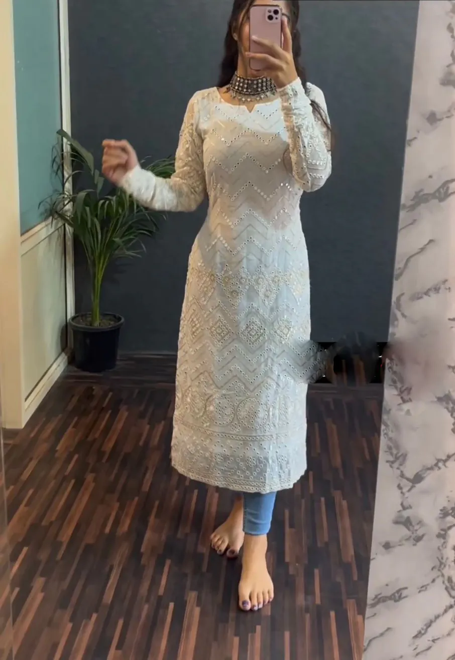 Graceful White Color Foix Georgette thread Sequence Work Kurti - Image 3