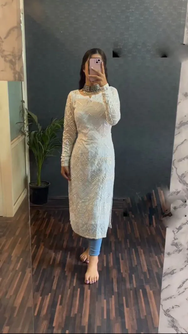 Graceful White Color Foix Georgette thread Sequence Work Kurti