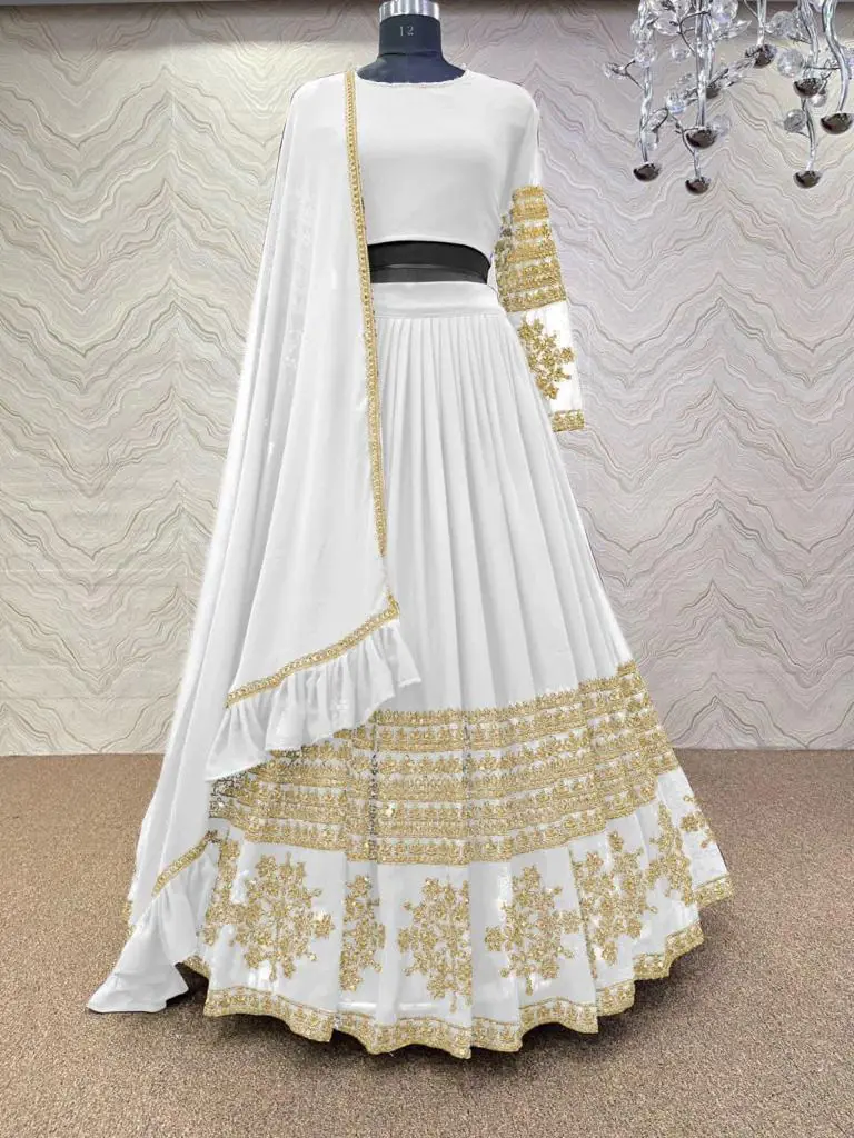 Graceful White Color Georgette Embroidery Sequins Lehenga Choli
