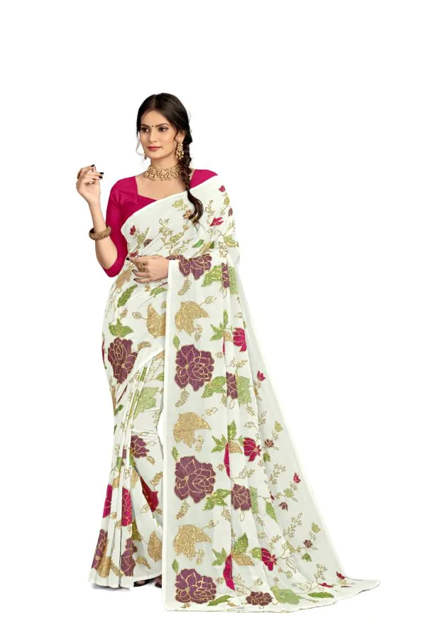 Graceful White Color Georgette Fancy Thread & Sequence Saree
