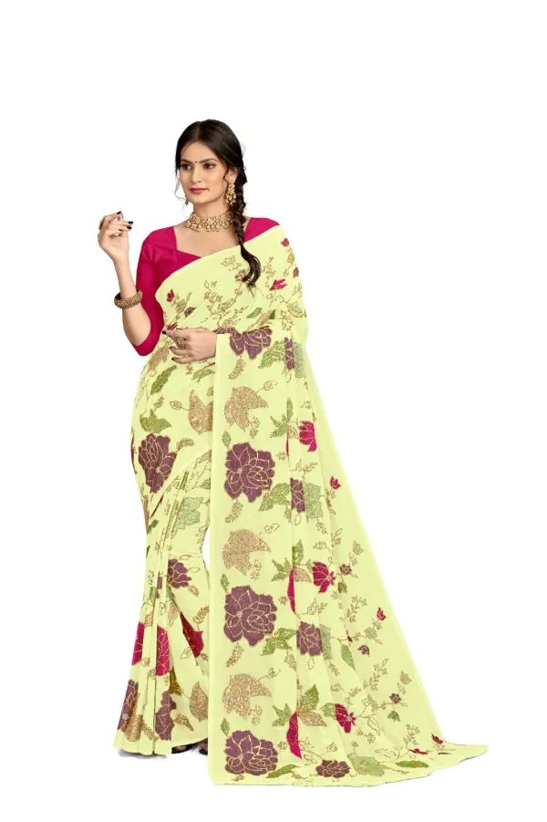 Graceful Yellow Color Georgette Fancy Thread & Sequence Saree