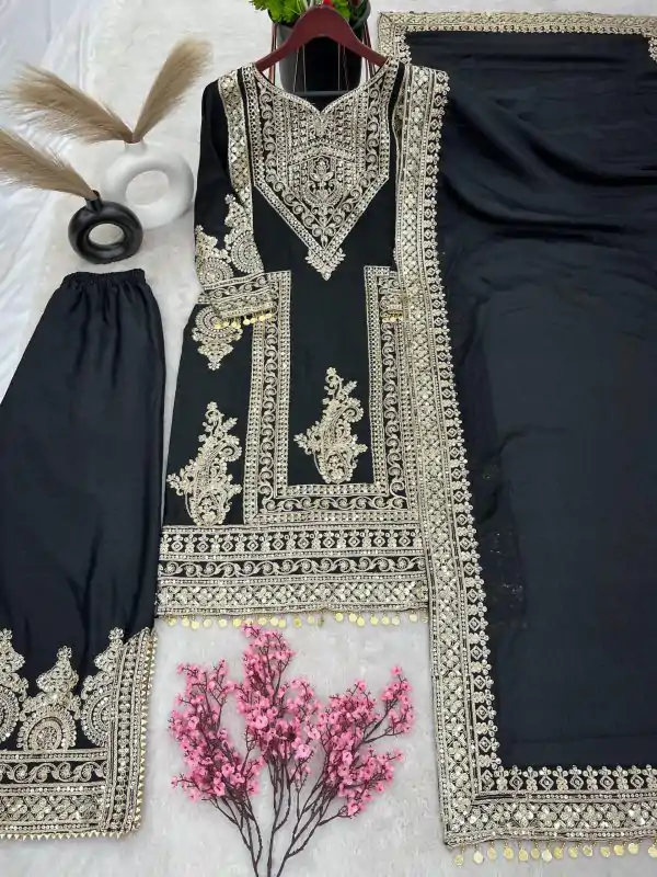 Grand Black Color Chinnon Silk Embroidery Coding Salwar Suit