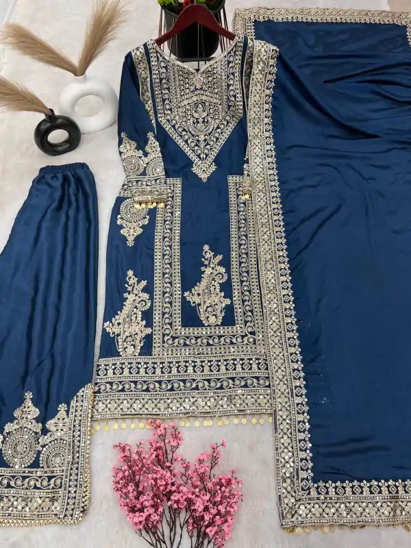 Grand Blue Color Chinnon Silk Embroidery Coding Salwar Suit