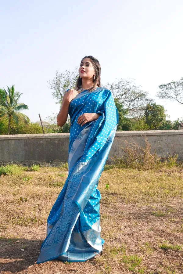 Grand Blue Color Soft Lichi Silk Ordinary Design Work Pallu Saree