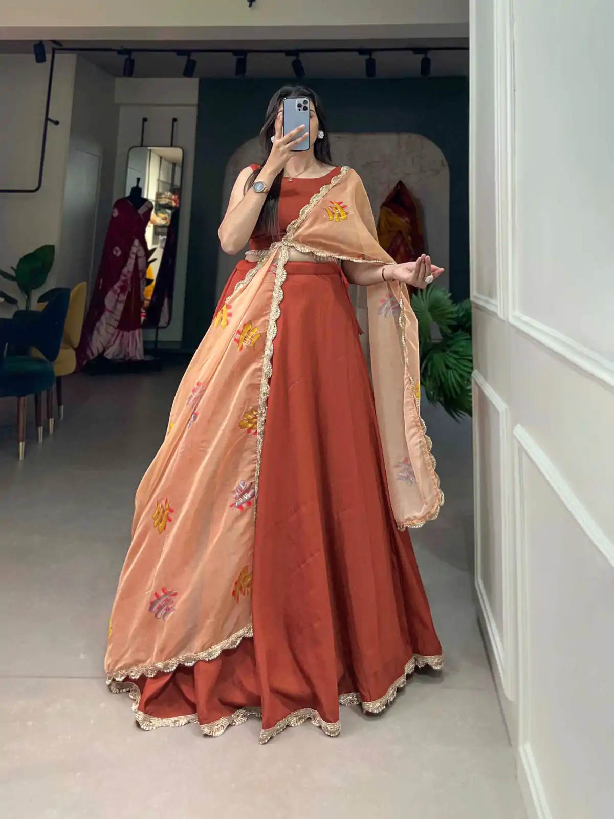 Grand Bright Orange Color Polyester Viscose Chadri Lehenga - Image 2