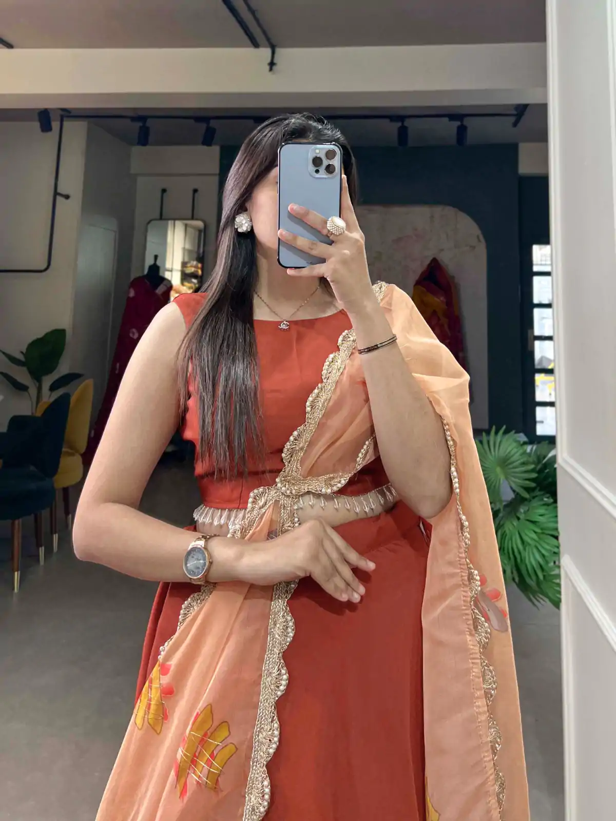 Grand Bright Orange Color Polyester Viscose Chadri Lehenga - Image 3