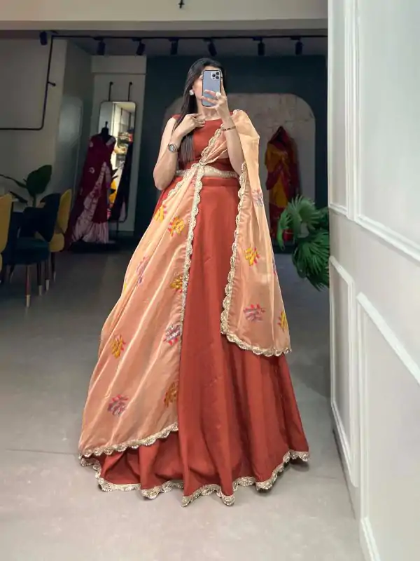 Grand Bright Orange Color Polyester Viscose Chadri Lehenga