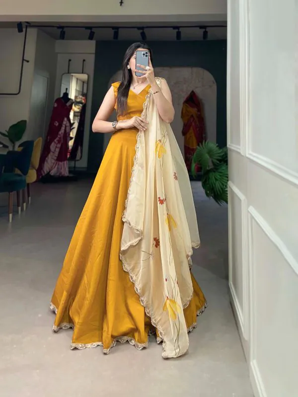 Grand Mustard Color Polyester Viscose Chadri Lehenga Choli