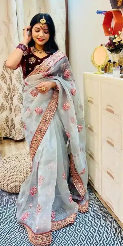 Luminous Ash Blue Color Organza Designer Multi Thread Saree