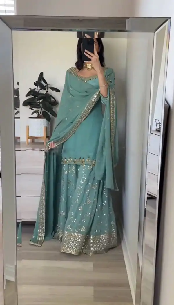 Luminous Blue Color Georgette Embroidery Sequence Salwar Suit