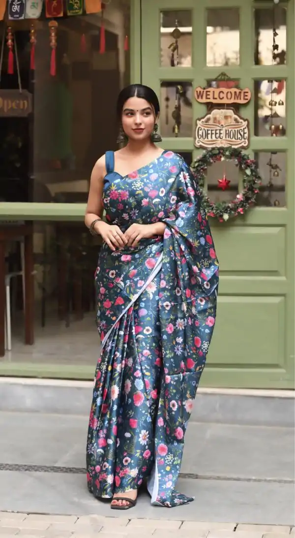 Luminous Blue Heavy Devsena Soft Silk Digital Printed Saree