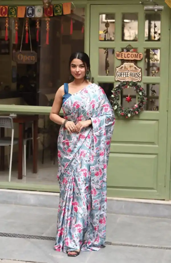 Luminous Ice Blue Heavy Devsena Soft Silk Digital Printed Saree