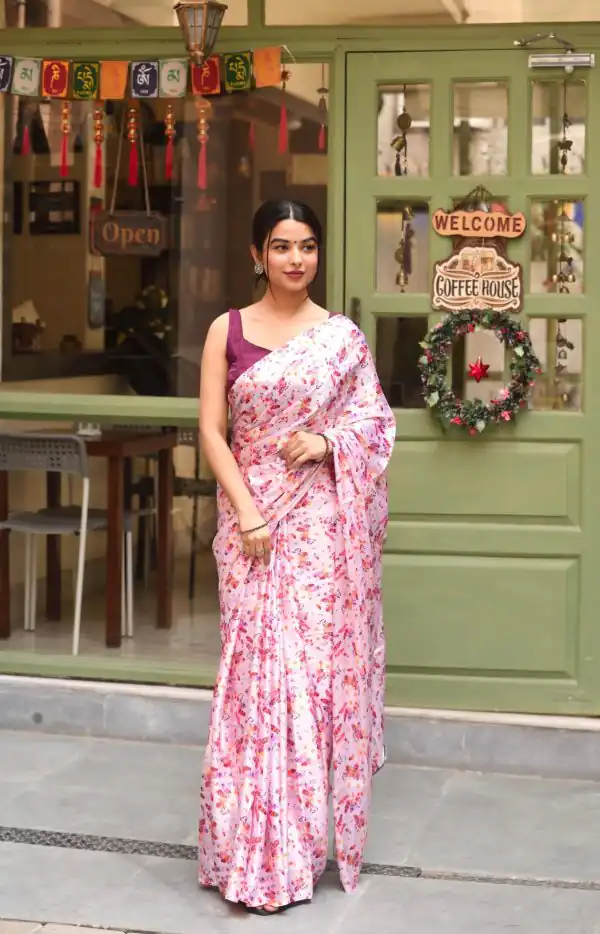 Luminous Rose Pink Heavy Devsena Soft Silk Digital Printed Saree