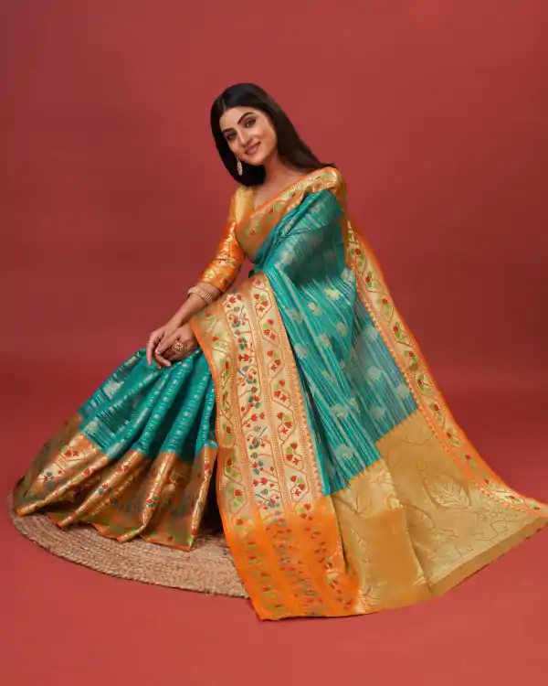 Magnificent Green Color Pure Lichi Silk Gold Zari Weaving Saree