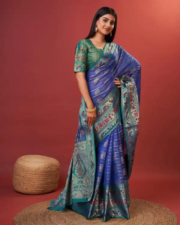 Magnificent Royal Blue Color Pure Lichi Silk Gold Zari Saree