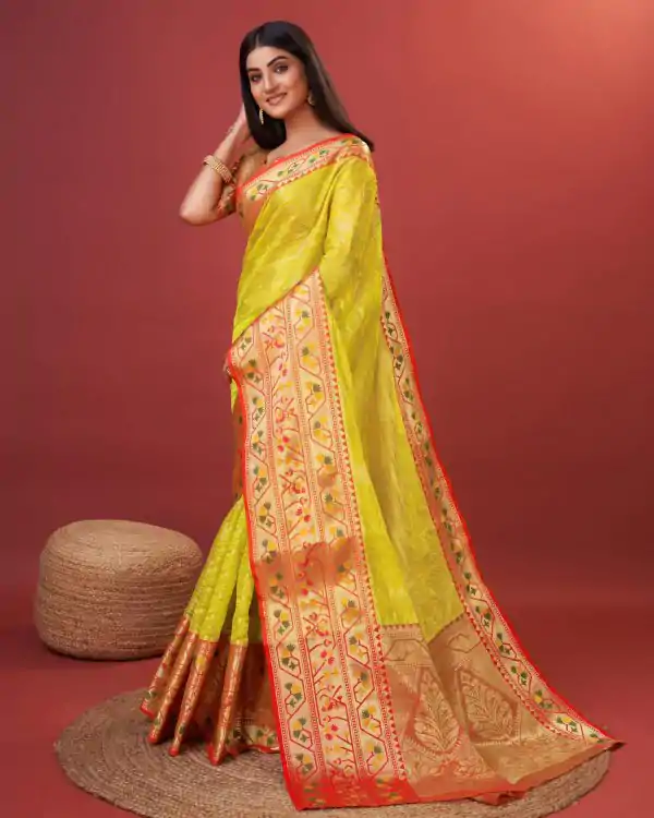 Magnificent Yellow Color Pure Lichi Silk Gold Zari Weaving Saree