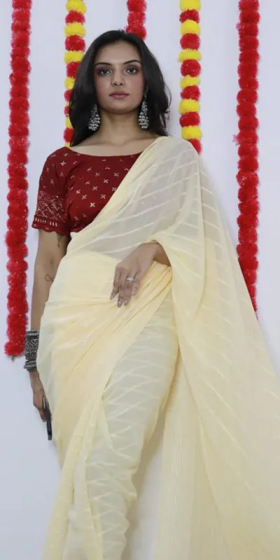 Majestic Light Yellow Color Soft Chiffon Woven Satin Strips Saree