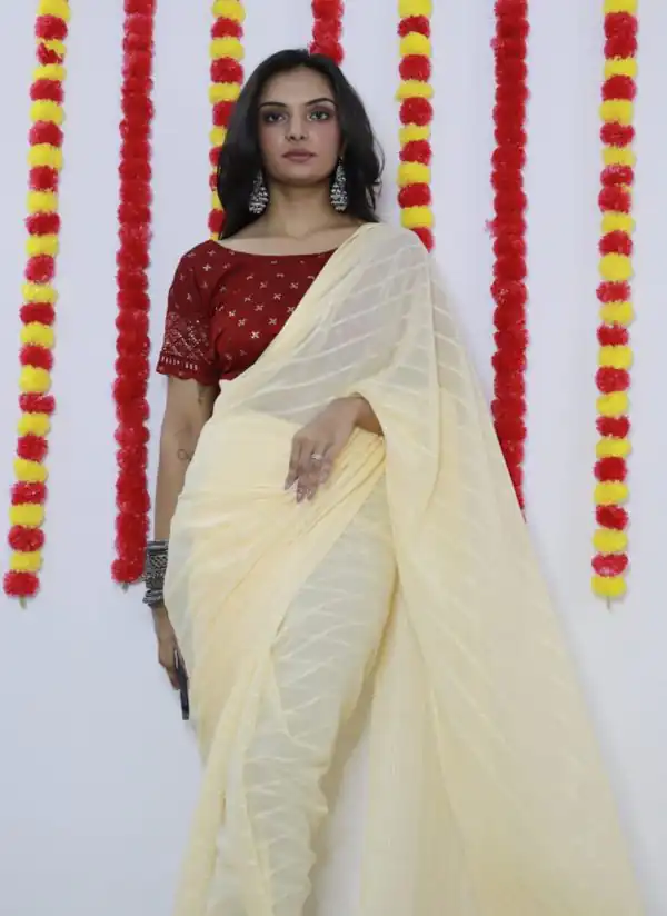 Majestic Light Yellow Color Soft Chiffon Woven Satin Strips Saree