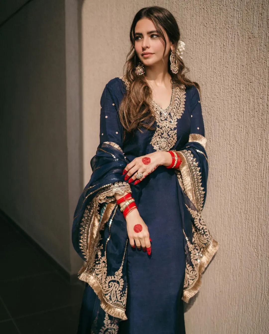 Majestic Navy Blue Color Chinnon Silk Embroidery Salwar Suit - Image 5