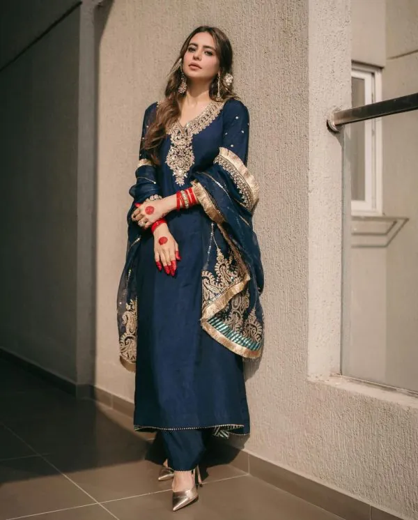 Majestic Navy Blue Color Chinnon Silk Embroidery Salwar Suit