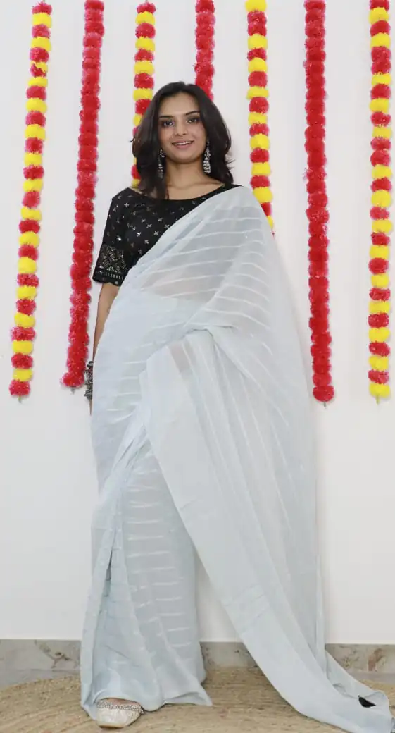 Majestic White Color Soft Chiffon Woven Satin Strips Saree