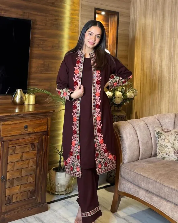 Mesmerizing Wine Color Rayon Chain-Stitch Work Salwar Suit