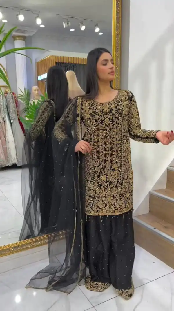 Nice Black Georgette Cording Sequence Embroidery Salwar Suit