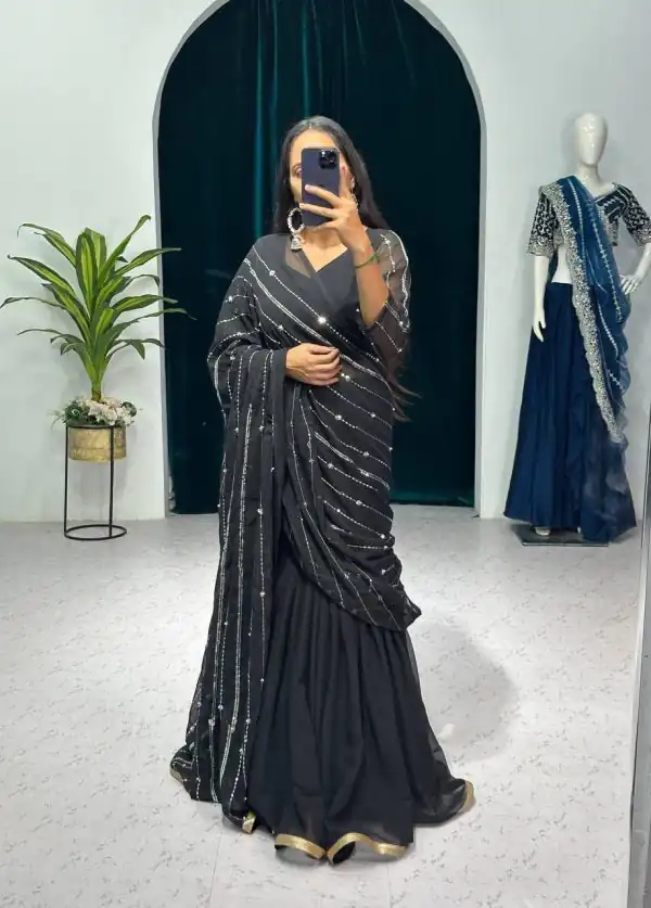 Nice Black Color Georgette Embroidery Moti Work Lehenga Saree