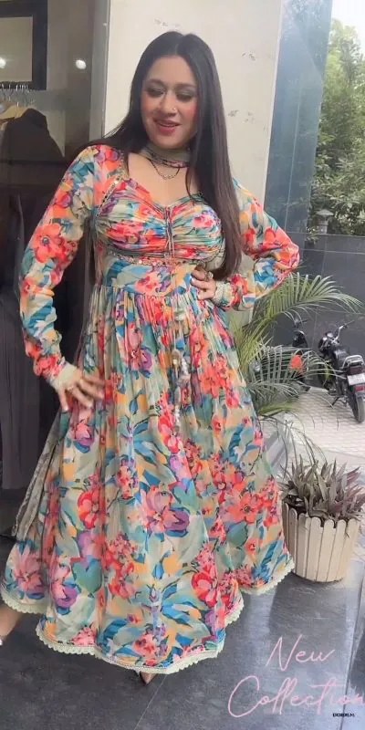 Nice Blue Color Chinon silk Digital Print real Mirror Work Kurti