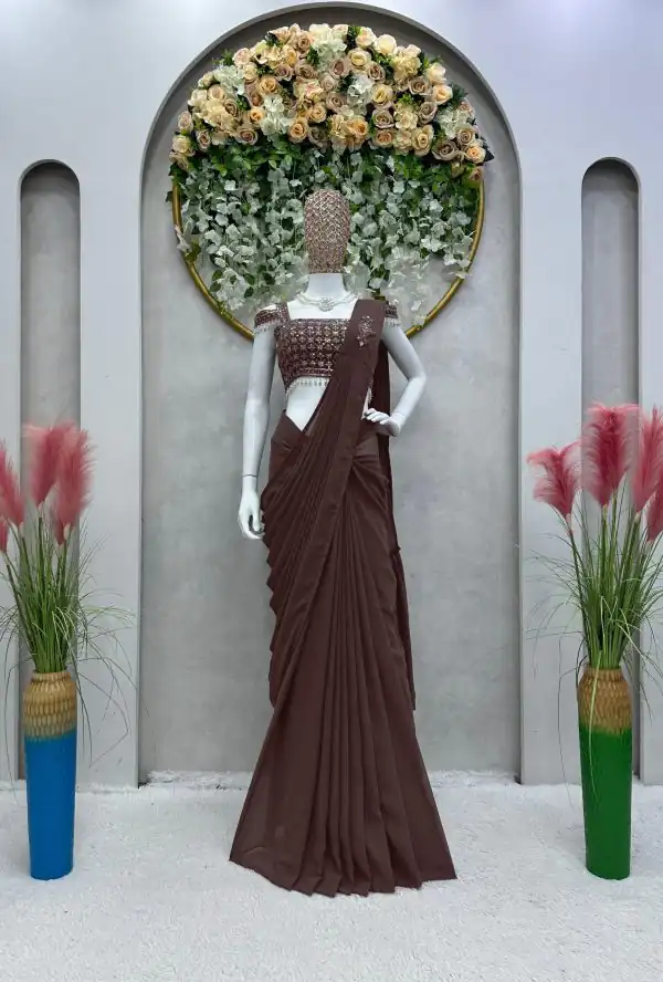 Nice Coffee Color Faux Georgette Ruffle Patch Work Saree
