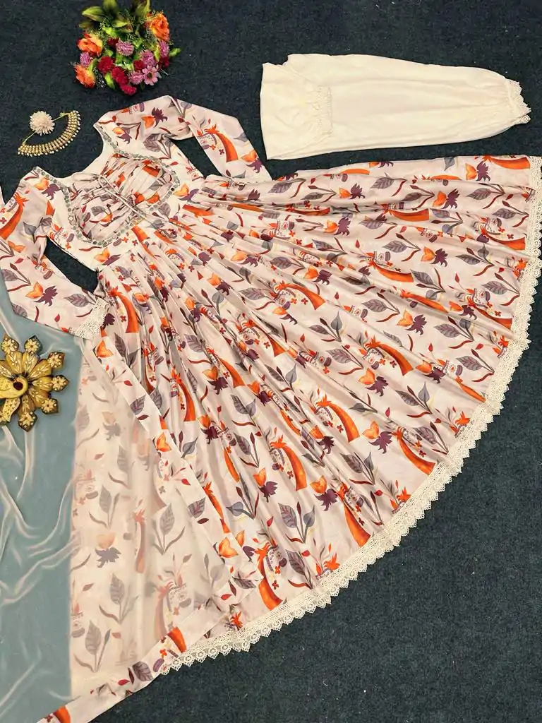 Nice Cream Color Chinon silk Digital Print real Mirror Work Kurti - Image 2