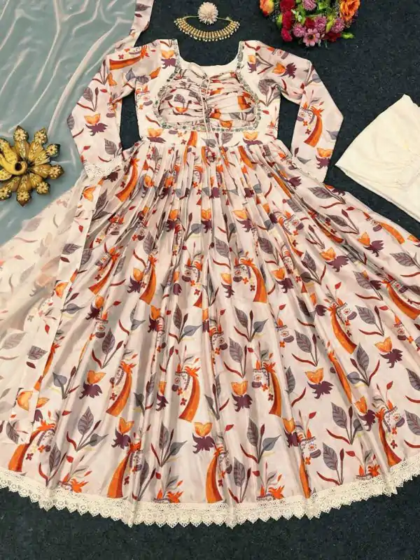 Nice Cream Color Chinon silk Digital Print real Mirror Work Kurti