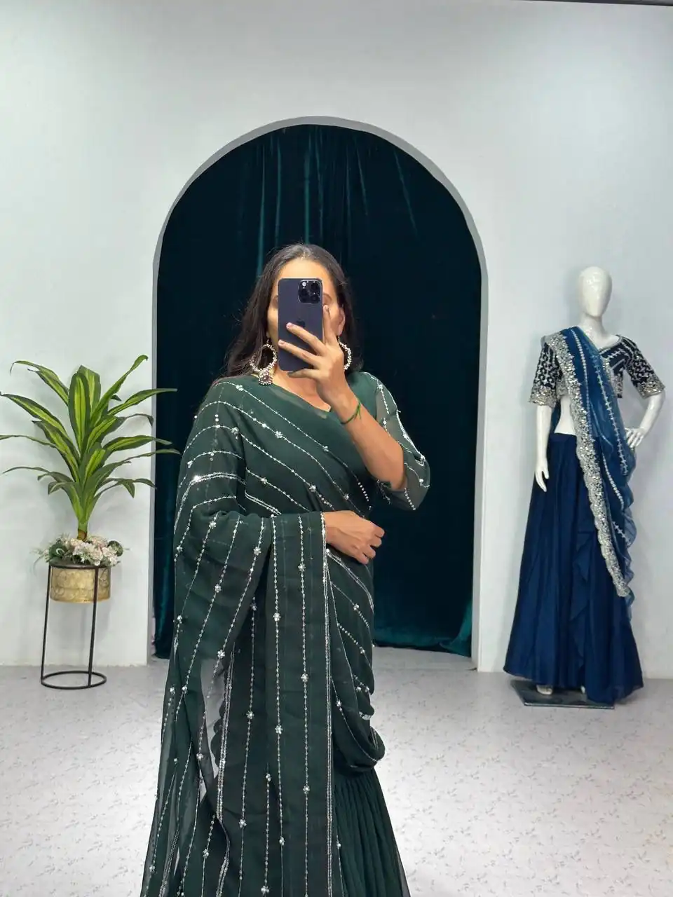 Nice Green Color Georgette Embroidery Moti Work Lehenga Saree - Image 3