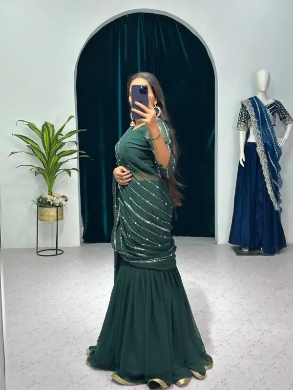 Nice Green Color Georgette Embroidery Moti Work Lehenga Saree