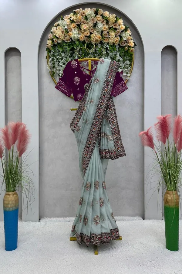 Nice Light Blue Color Organza Thread & Sequence Work Saree