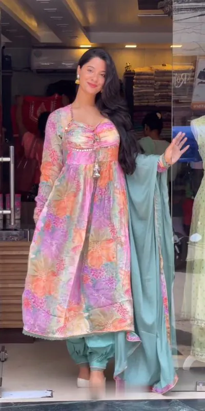 Nice Multi Color Chinon silk Digital Print real Mirror Work Kurti