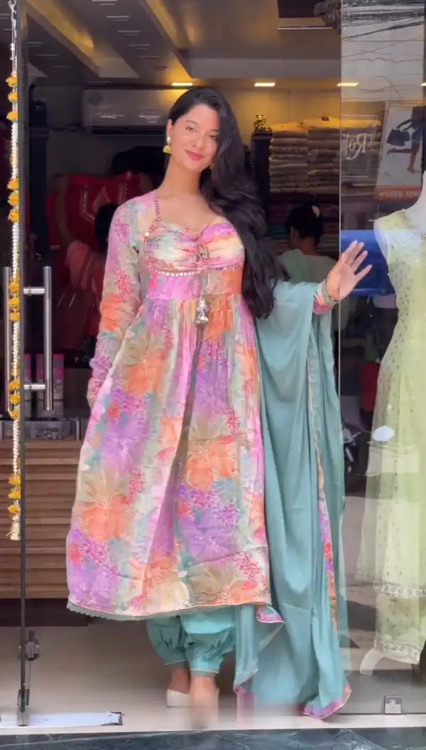 Nice Multi Color Chinon silk Digital Print real Mirror Work Kurti
