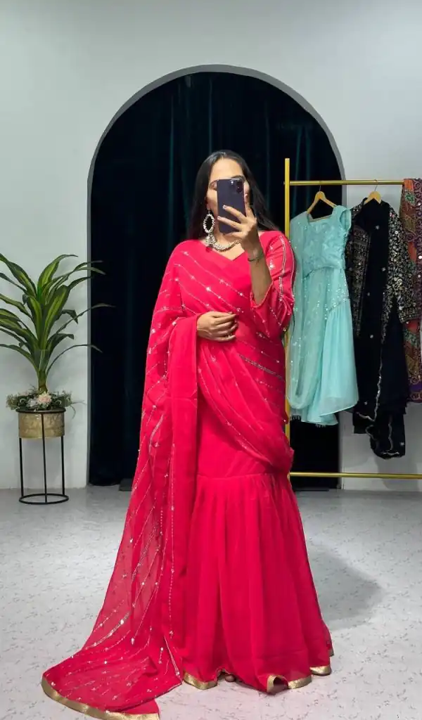 Nice Pink Color Georgette Embroidery Moti Work Lehenga Saree