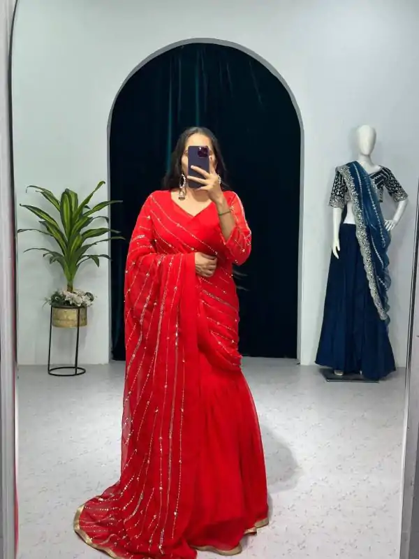 Nice Red Color Georgette Embroidery Moti Work Lehenga Saree