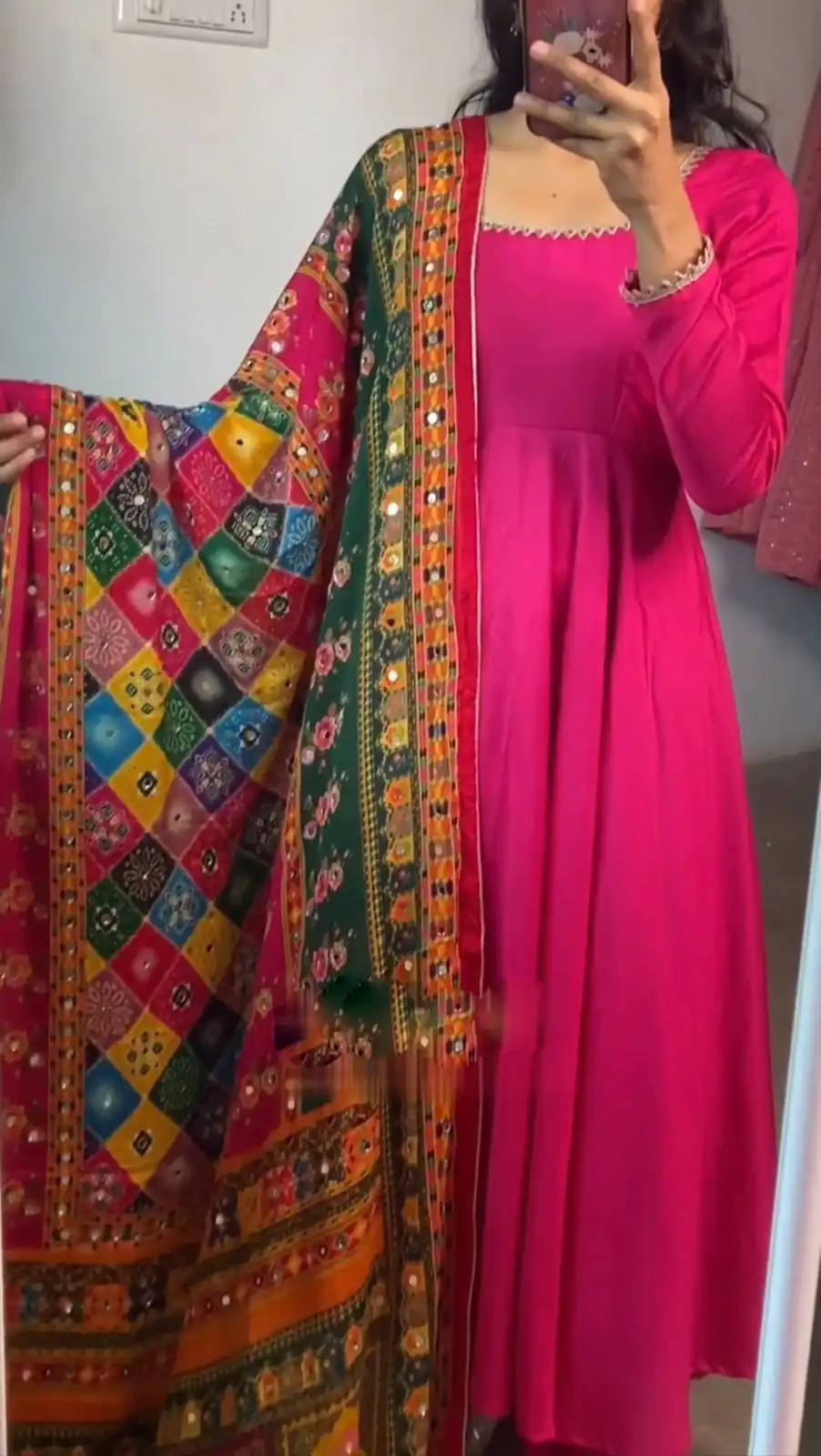 Nice Red Maliy Satin Digital Print Real Mirror Dupatta Anarkali Suit - Image 3
