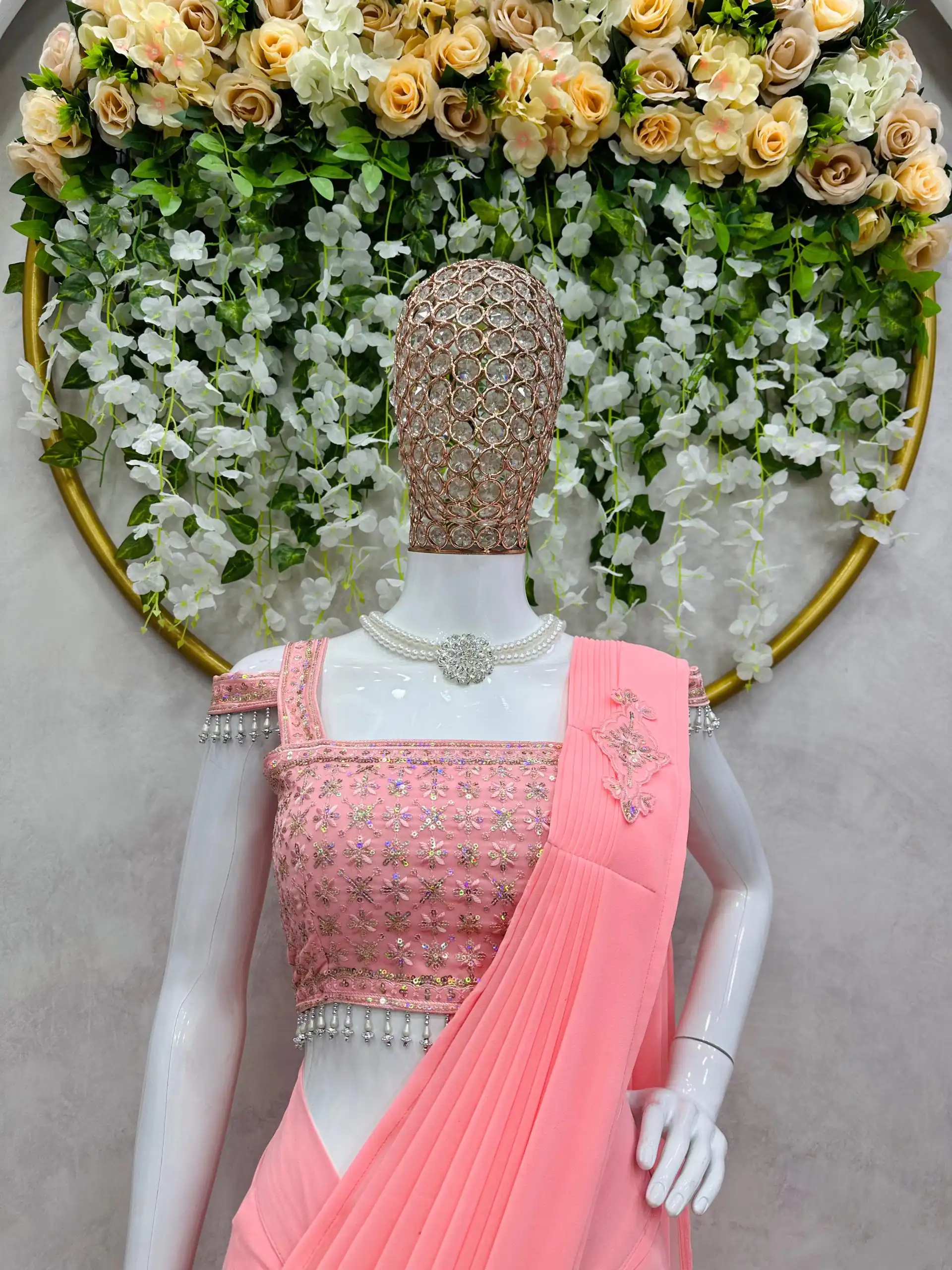 Nice Salmon Pink Color Faux Georgette Ruffle Patch Work Saree - Image 2