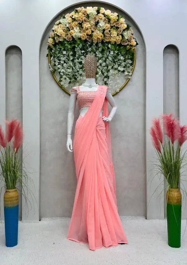 Nice Salmon Pink Color Faux Georgette Ruffle Patch Work Saree
