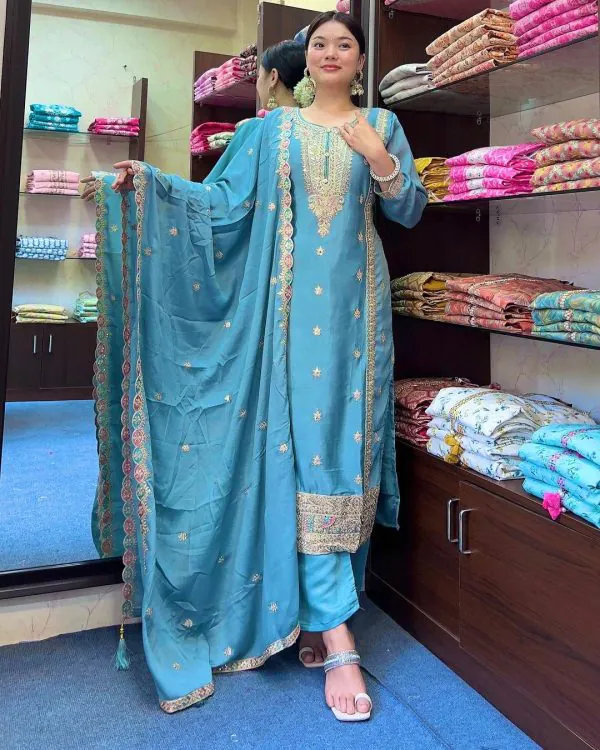 Nice Sky Blue Pure Chinnon Silk Embroidery Sequence Salwar Suit